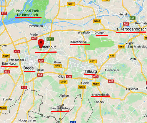 kaart van Oosterhout met nabij de Katjeskelder in Noord-Brabant west